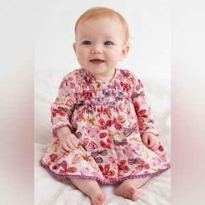 Peek Baby Girl Butterfly Print Smocked Dress Pink Orange Long Sleeve Size 6-12M